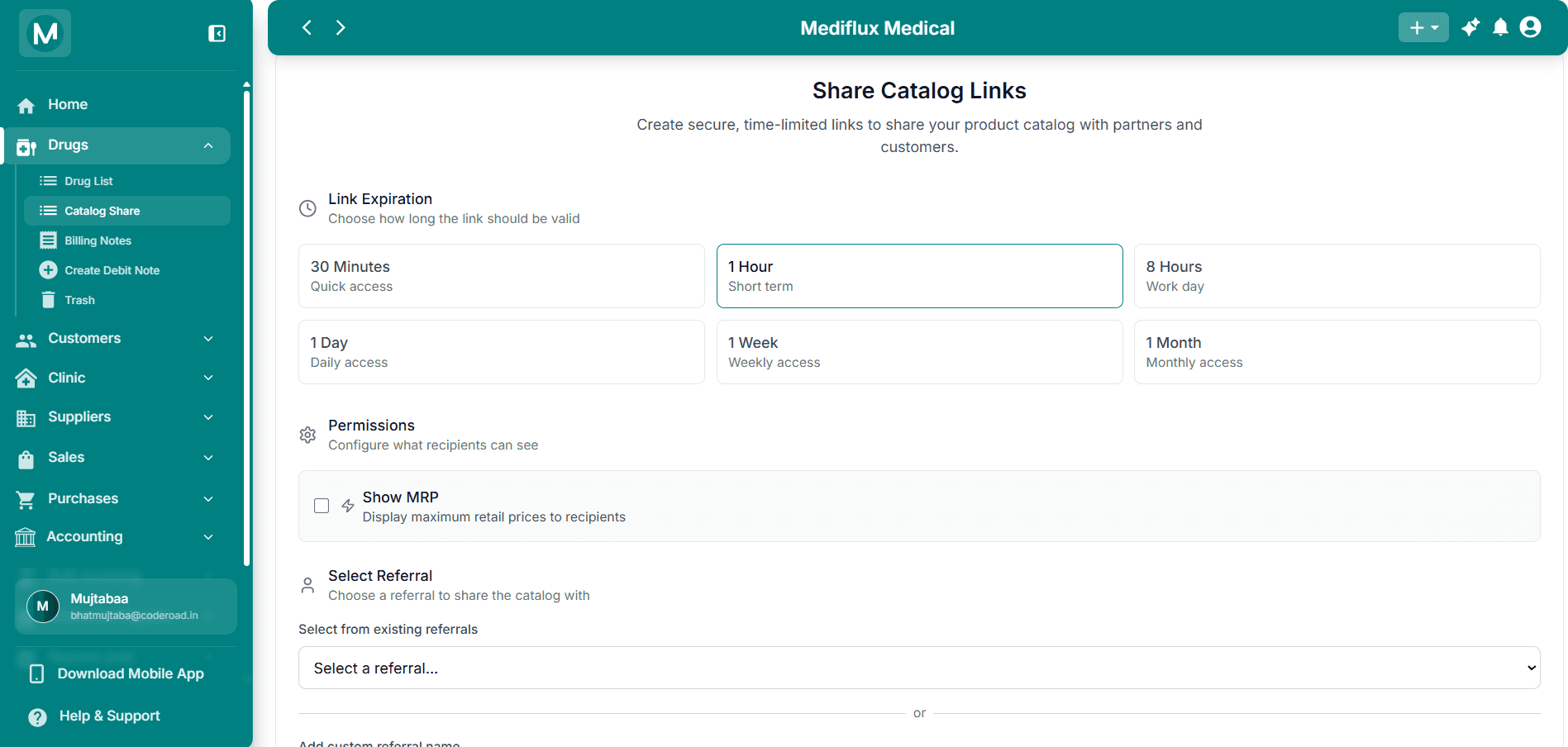 MediFlux catalogue sharing settings